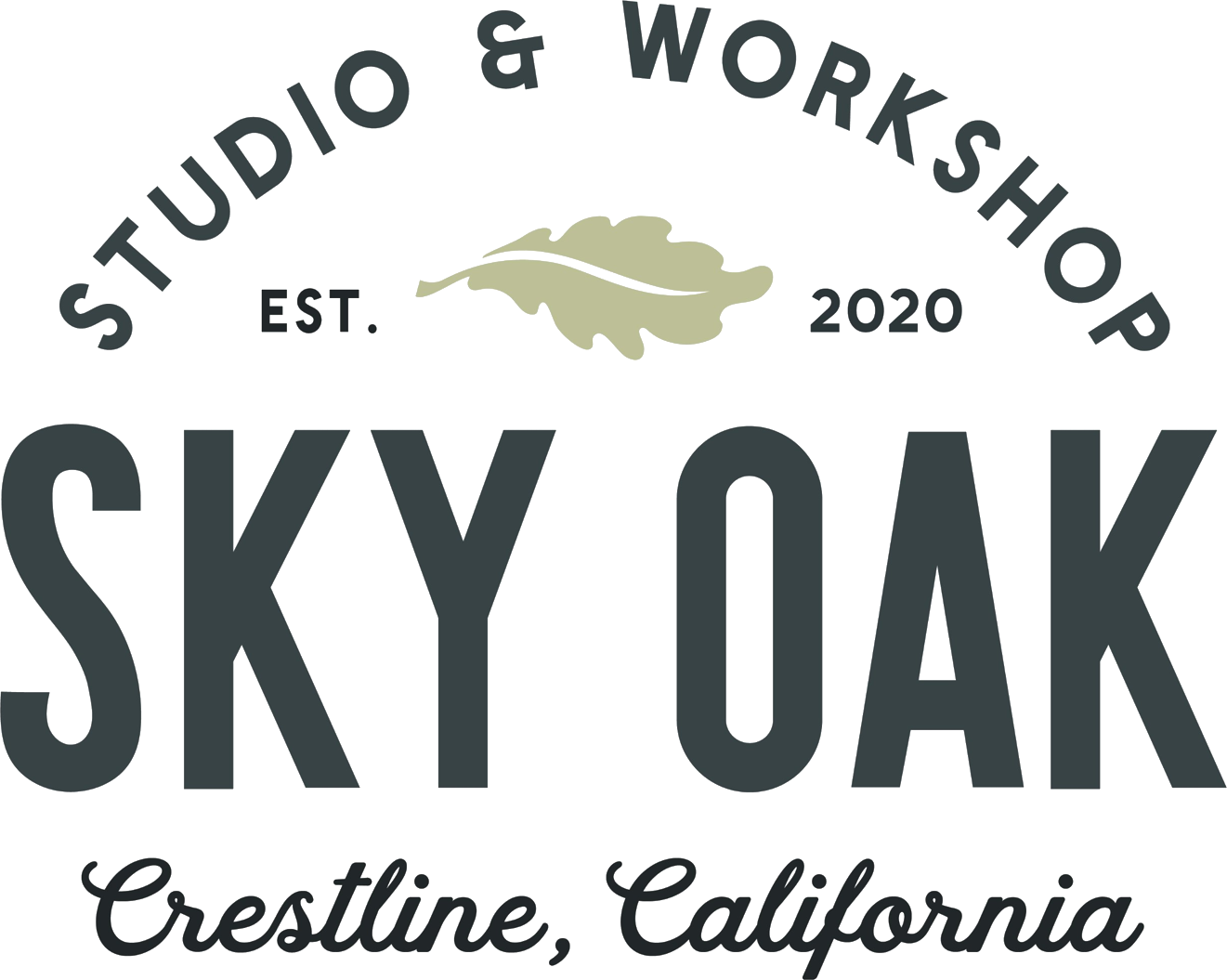 Sky Oak Studio & Workshop arched logo, established 2020, Crestline, California